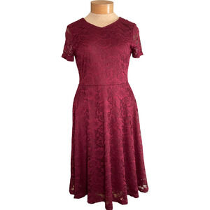 Bridesmay Women's Lace Dress XLarge V-Neck Short Sleeve Burgundy Floral Design